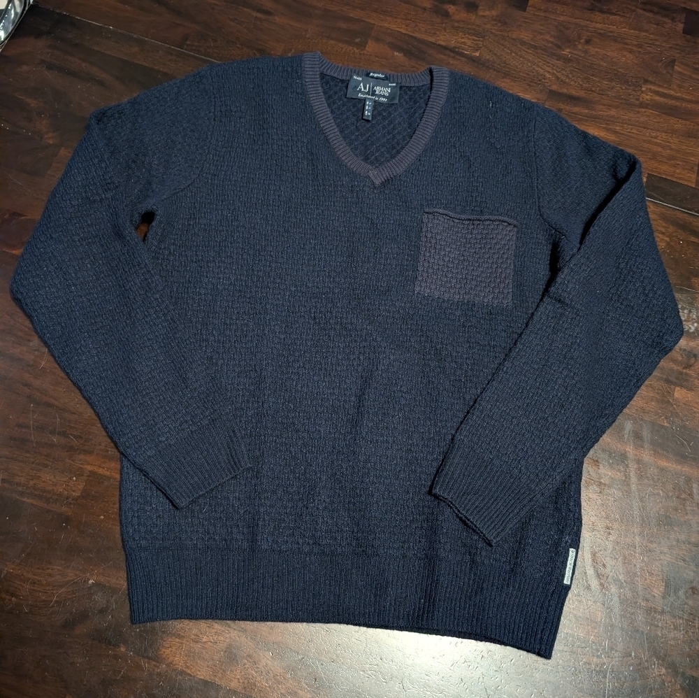 Armani Jeans Navy V-Neck Sweater, Cashmere/Wool Blend, Men's Large